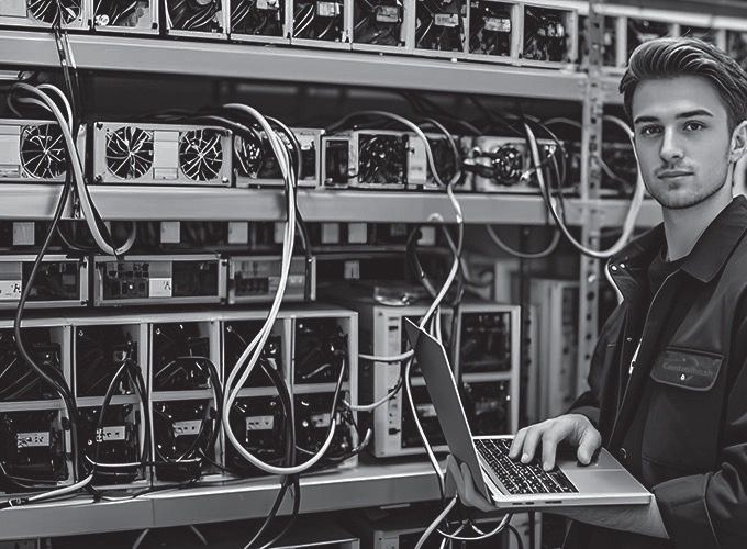Стойки с ASIC-майнерами и кабельная трасса на площадке